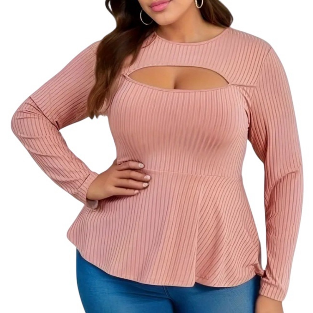 SHEIN CURVE Mauve Long Sleeve Cut Out Peplum Top